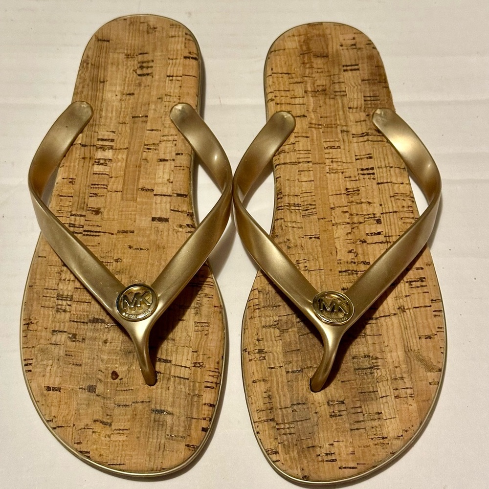 Michael Kors Gold and Tan Flip  Flops, size 9